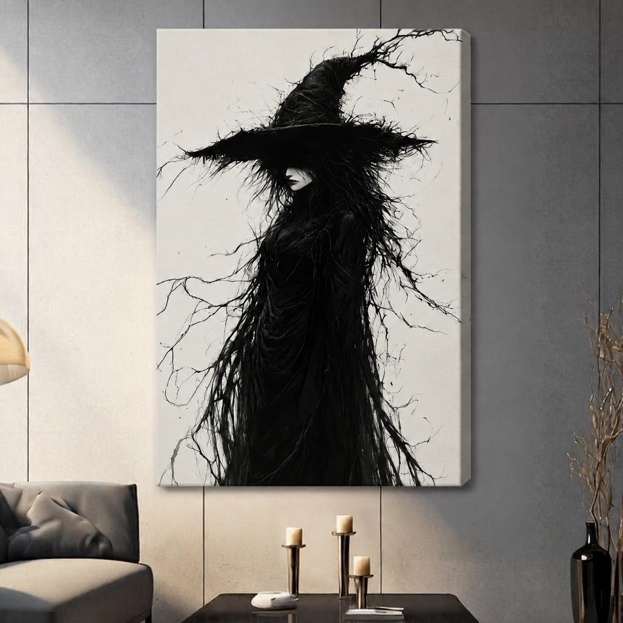 Dark Witch Ink Illustration Gothic Canvas Art