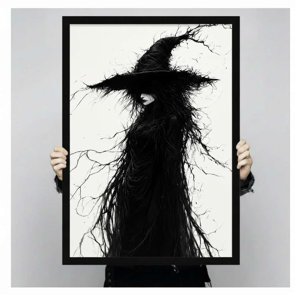 Dark Witch Ink Illustration Gothic Canvas Art