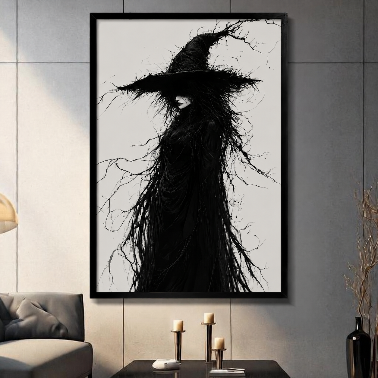 Dark Witch Ink Illustration Gothic Canvas Art