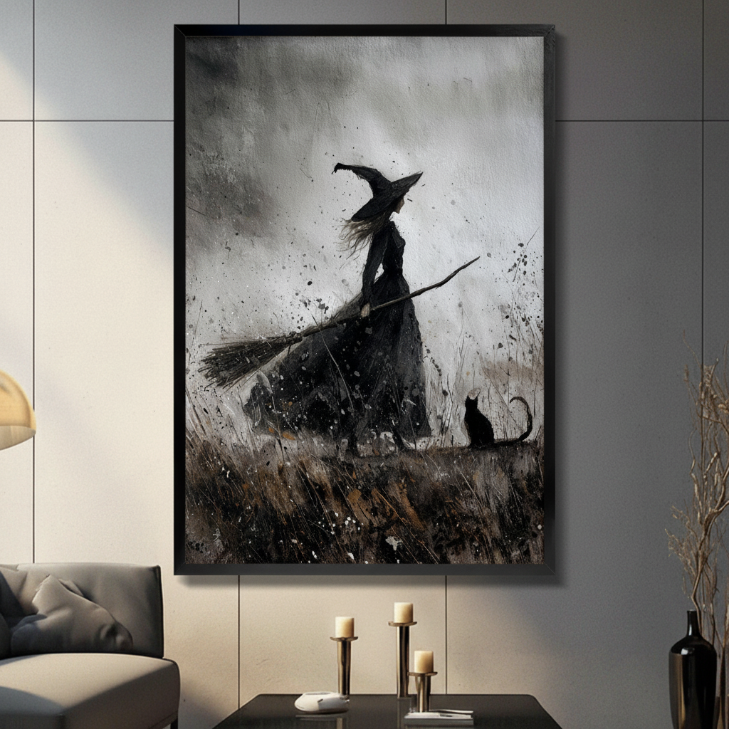 Witch & Black Cat Dark Gothic Canvas Art Wall Art