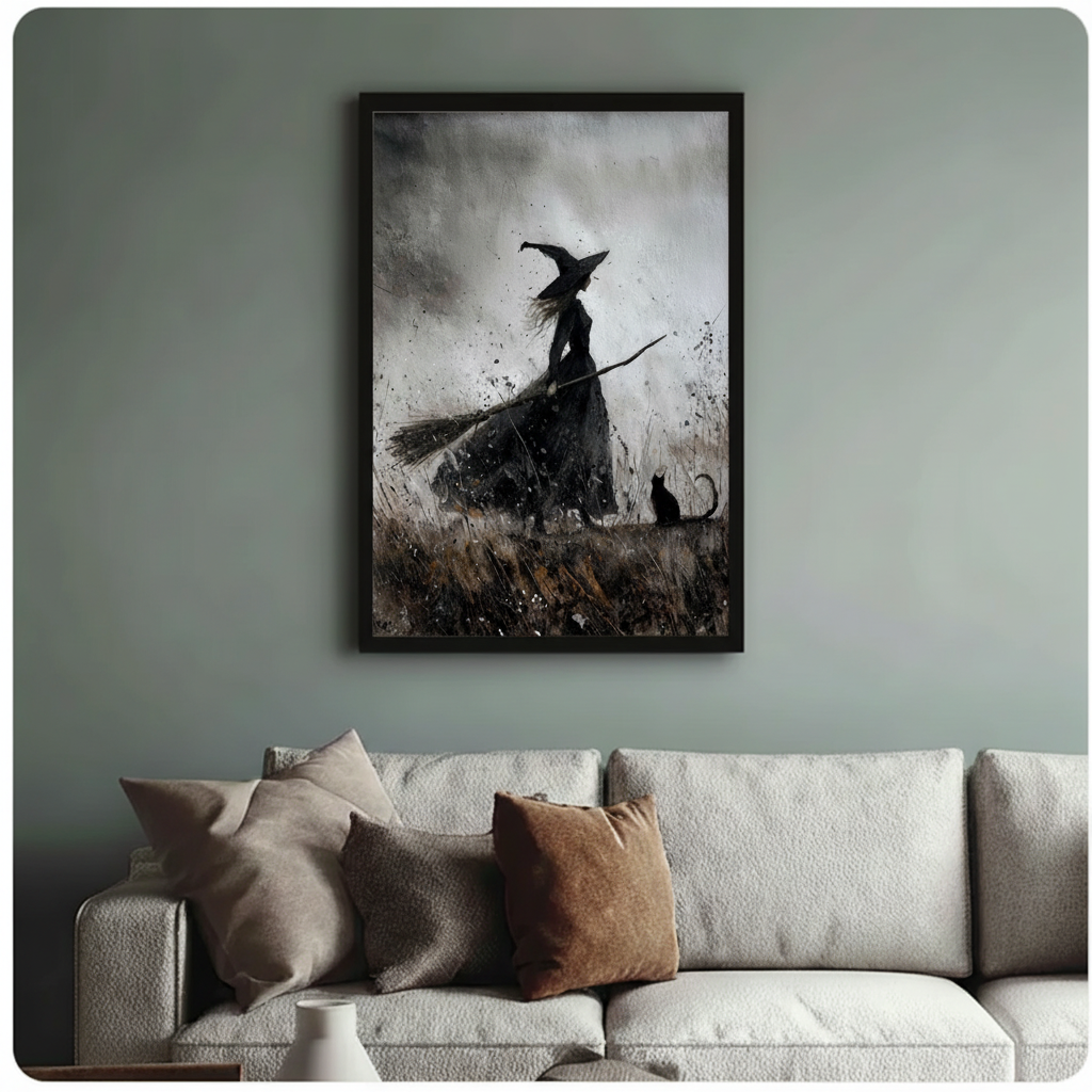 Witch & Black Cat Dark Gothic Canvas Art Wall Art