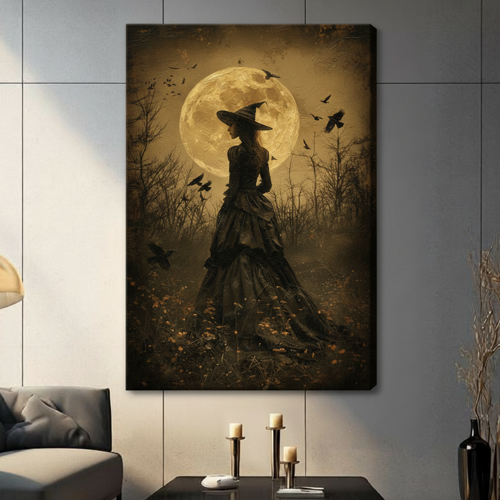 Witch Silhouette Full Moon Ravens Vintage Gothic Oil Painting Canvas Art