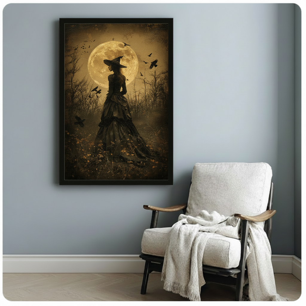 Witch Silhouette Full Moon Ravens Vintage Gothic Oil Painting Canvas Art