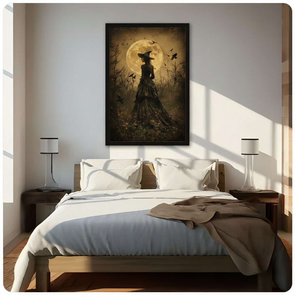Witch Silhouette Full Moon Ravens Vintage Gothic Oil Painting Canvas Art