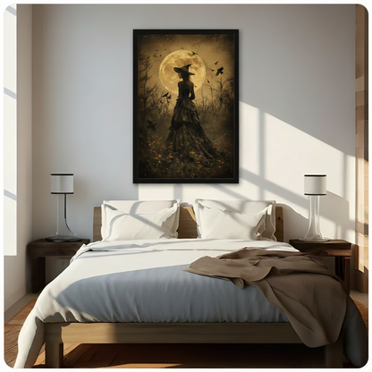 Witch Silhouette Full Moon Ravens Vintage Gothic Oil Painting Canvas Art