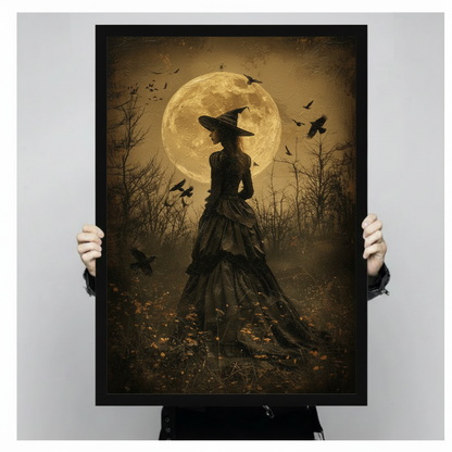 Witch Silhouette Full Moon Ravens Vintage Gothic Oil Painting Canvas Art