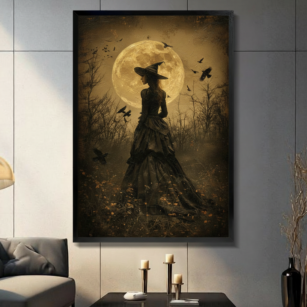 Witch Silhouette Full Moon Ravens Vintage Gothic Oil Painting Canvas Art