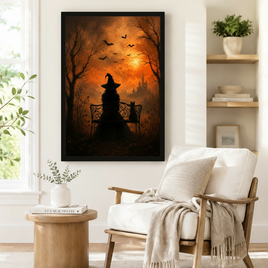Gothic Witch Black Cat Halloween Canvas Wall Art