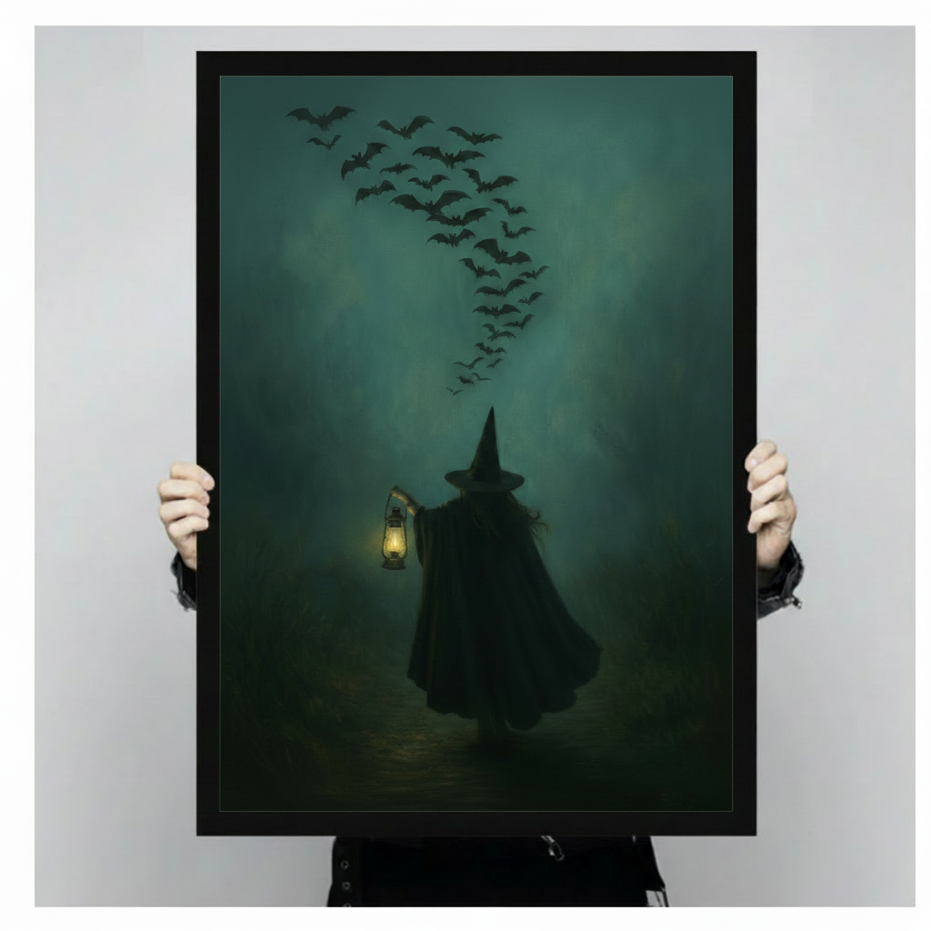 Gothic Witch Lantern Bats Dark Canvas Wall Art