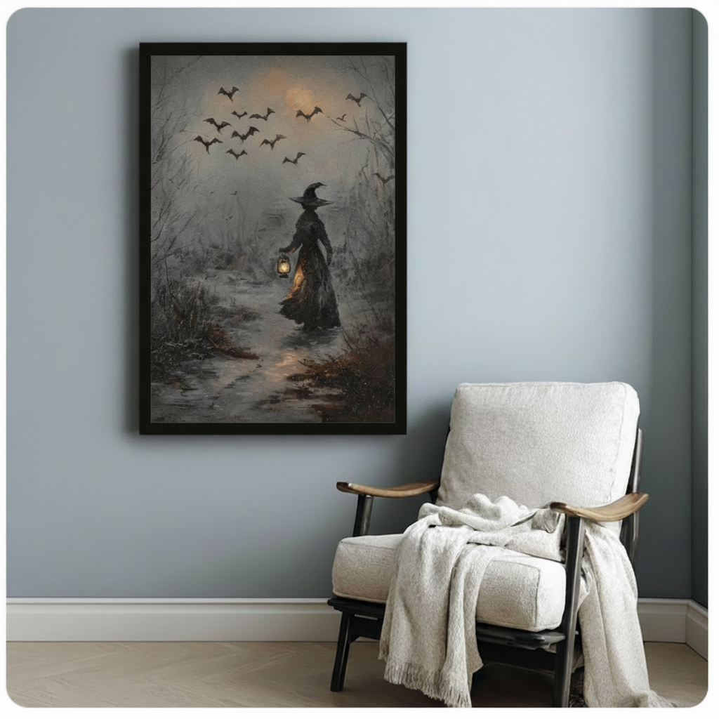 Gothic Witch Lantern Dark Forest Canvas Art Wall Art