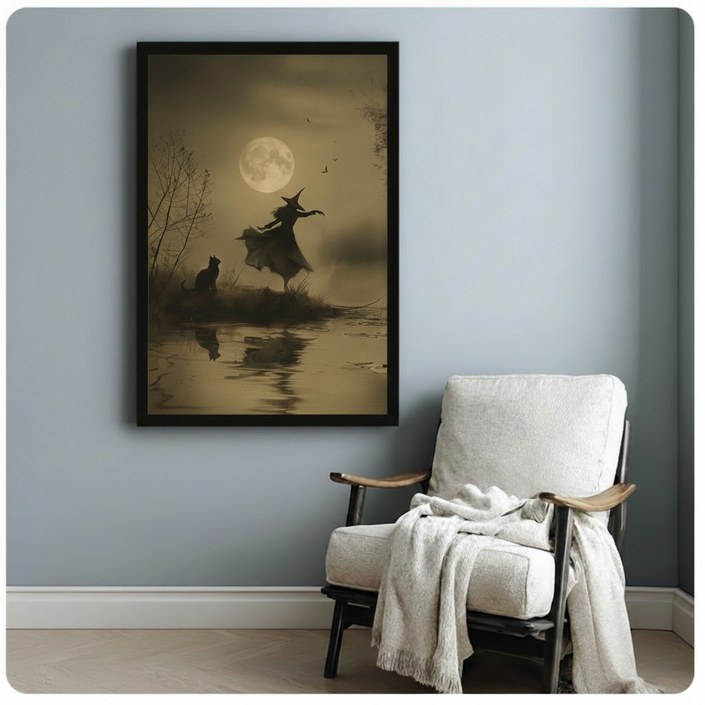 Vintage Witch Moon Dance Black Cat Canvas Art