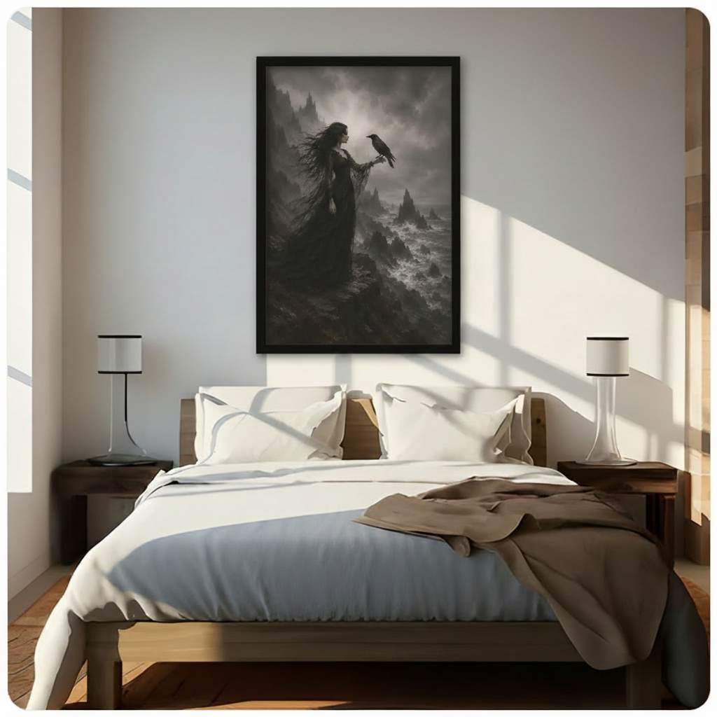 Gothic Woman Raven Stormy Cliff Canvas Art Wall Art