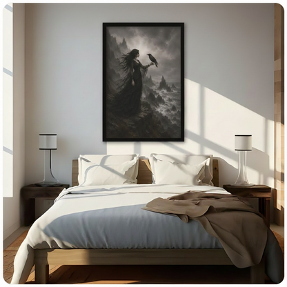 Gothic Woman Raven Stormy Cliff Canvas Art Wall Art