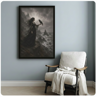 Gothic Woman Raven Stormy Cliff Canvas Art Wall Art
