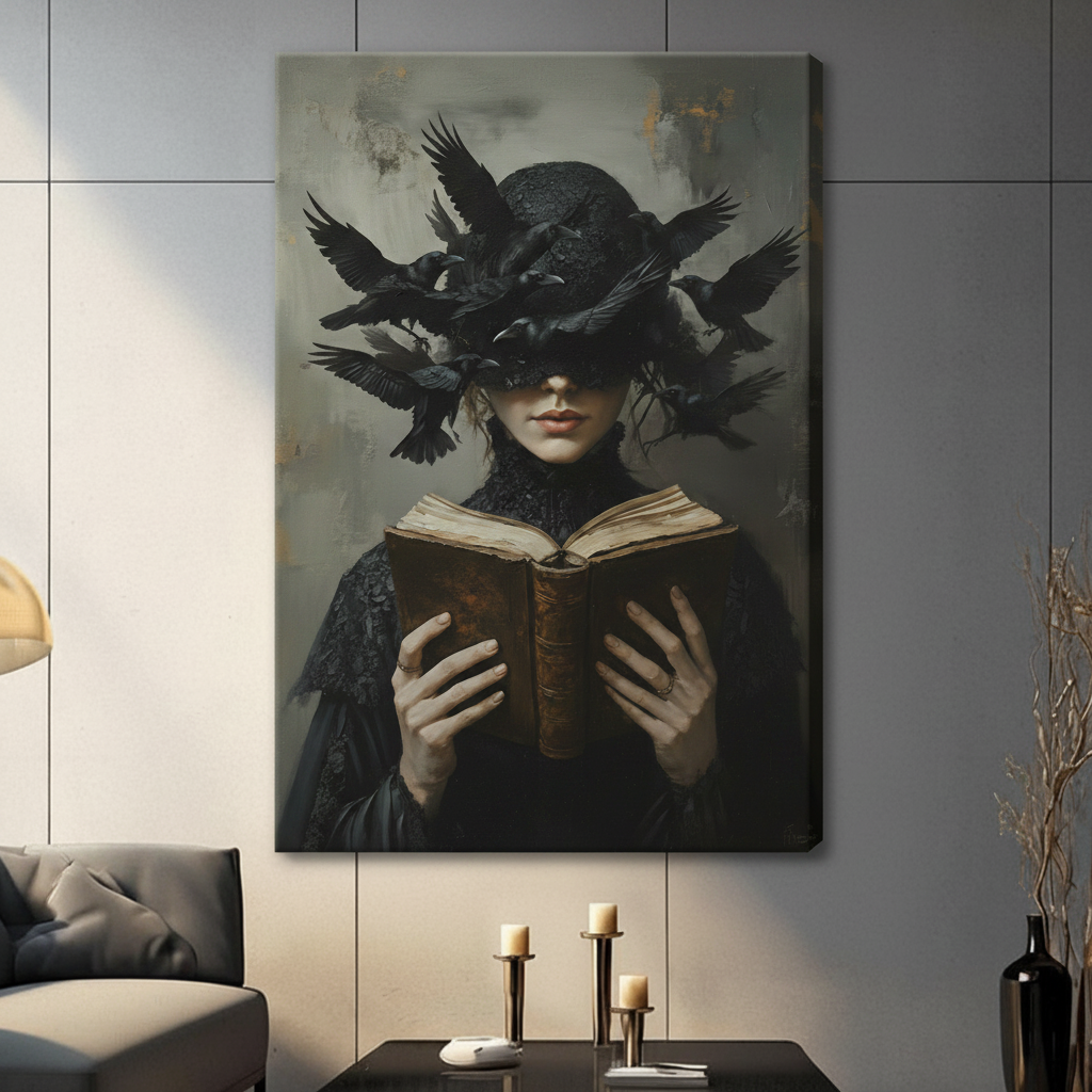 Dark Academia Raven Witch Spellbook Canvas Art