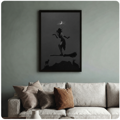 Gothic Witch Night Sky Silhouette Canvas Wall Art