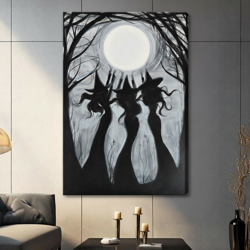 Three Witches Full Moon Gothic Canvas Art Wall Art