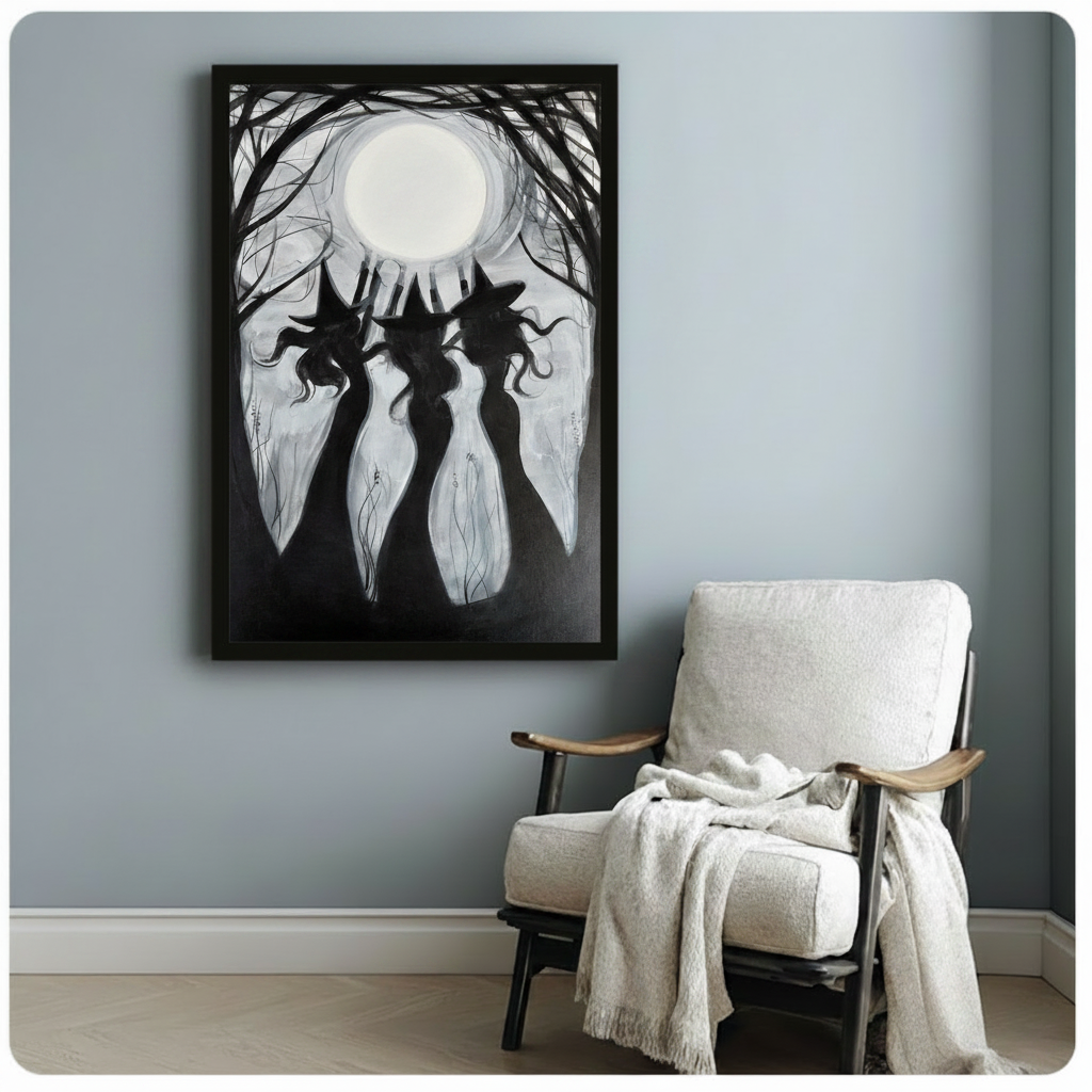 Three Witches Full Moon Gothic Canvas Art Wall Art