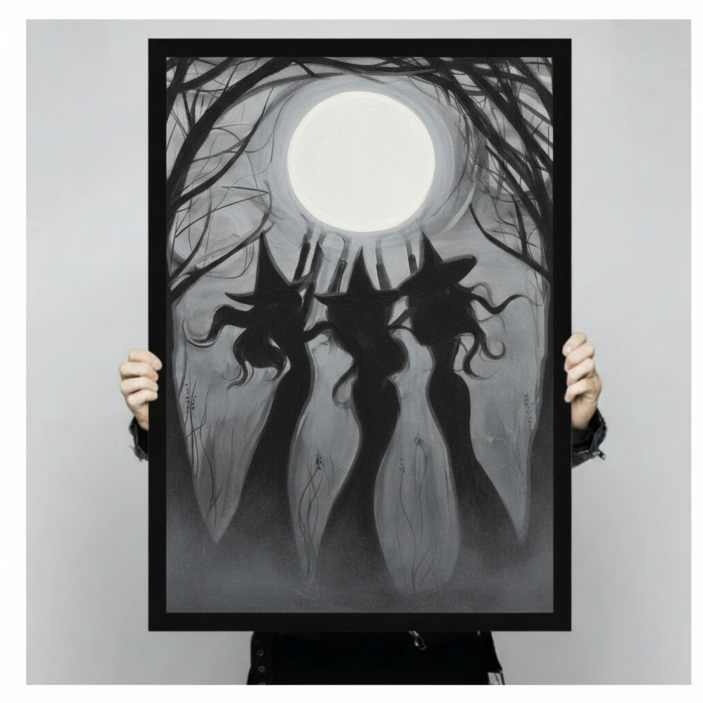 Three Witches Full Moon Gothic Canvas Art Wall Art