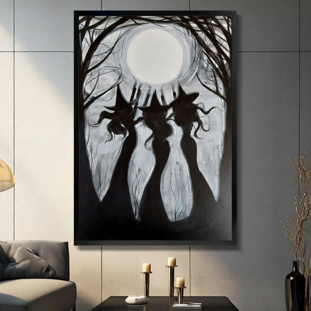 Three Witches Full Moon Gothic Canvas Art Wall Art