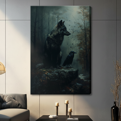 Gothic Wolf and Raven Dark Forest Oil Painting Canvas Wall Art