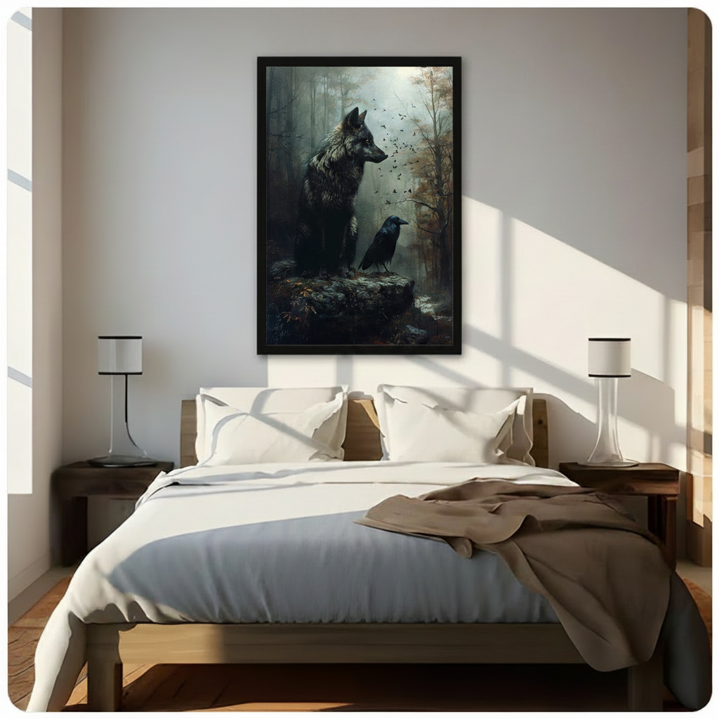Gothic Wolf and Raven Dark Forest Oil Painting Canvas Wall Art