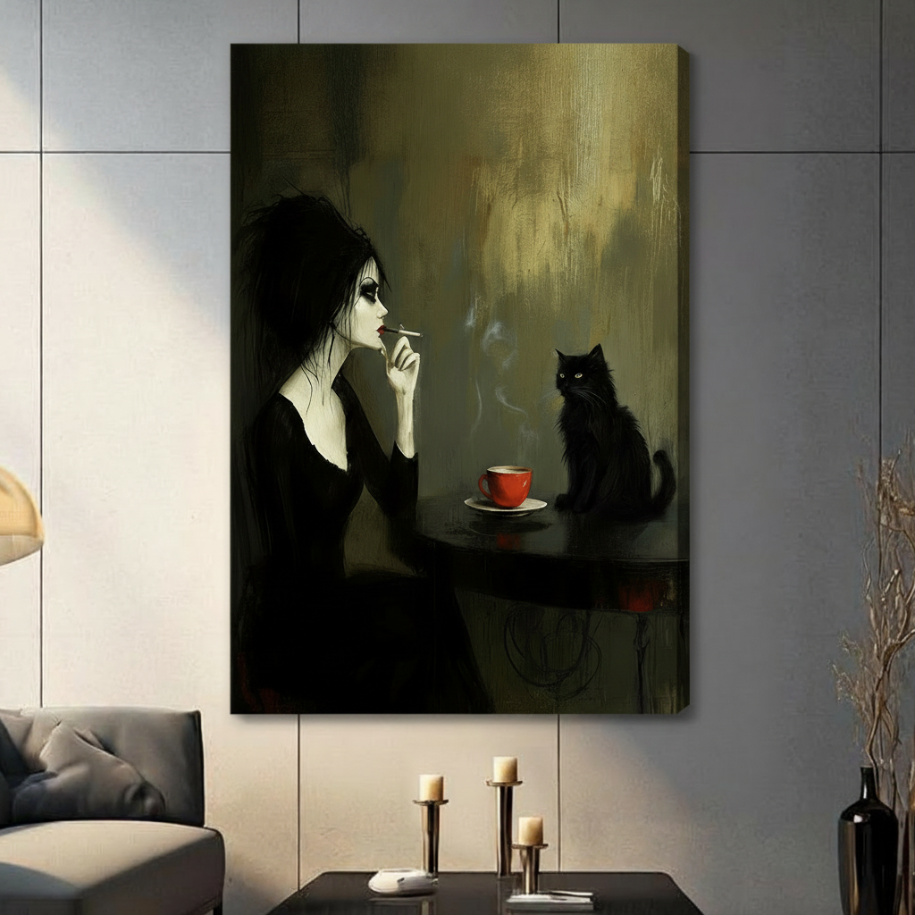 Gothic Woman Black Cat Dark Academia Canvas Art