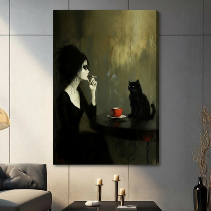 Gothic Woman Black Cat Dark Academia Canvas Art