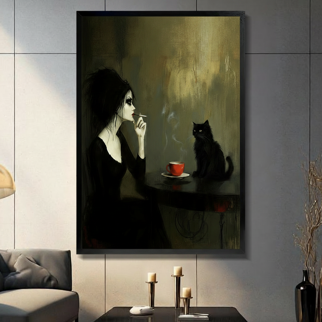 Gothic Woman Black Cat Dark Academia Canvas Art