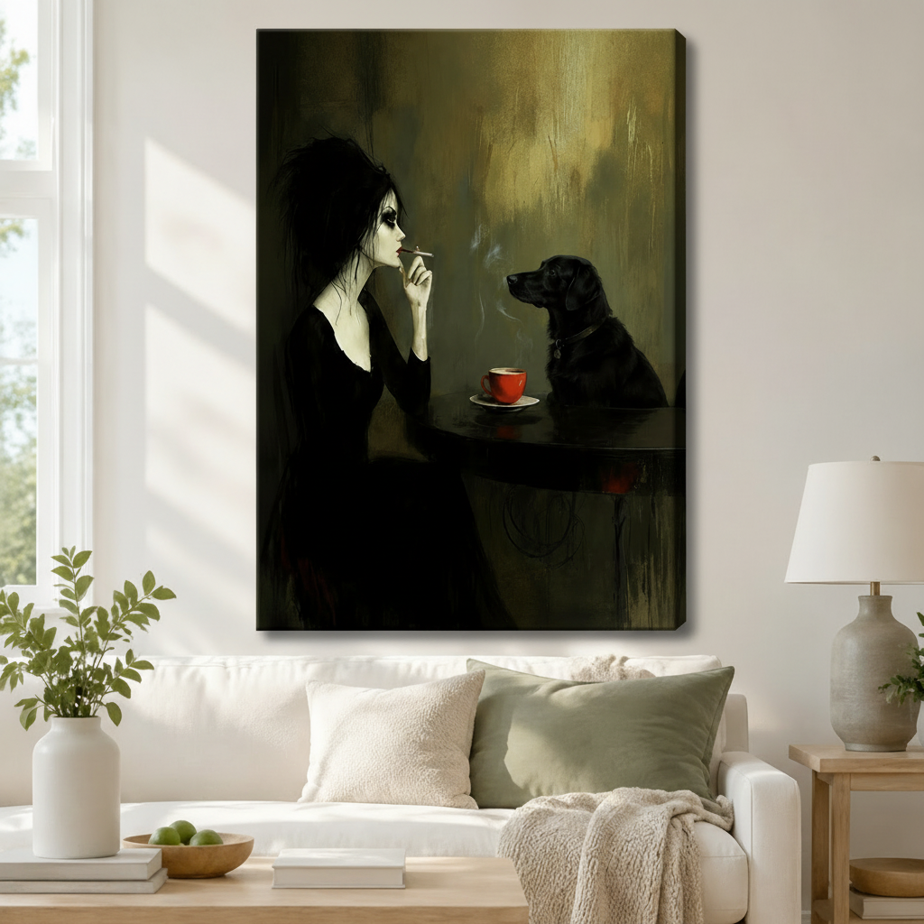 Gothic Woman Black Dog Coffee Canvas Art Wall Art