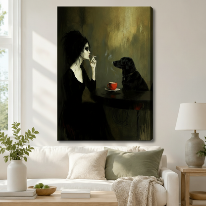 Gothic Woman Black Dog Coffee Canvas Art Wall Art