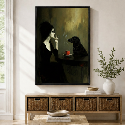 Gothic Woman Black Dog Coffee Canvas Art Wall Art