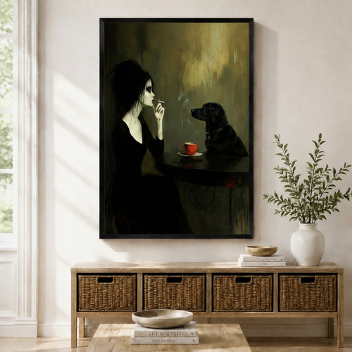 Gothic Woman Black Dog Coffee Canvas Art Wall Art