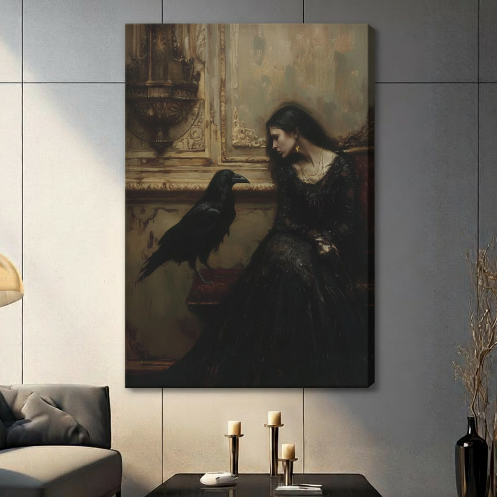 Gothic Woman Raven Dark Oil Painting Canvas Wall Art