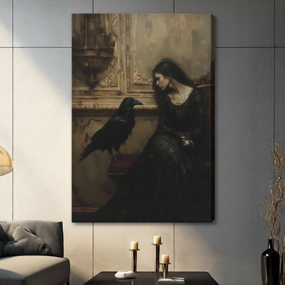 Gothic Woman Raven Dark Oil Painting Canvas Wall Art