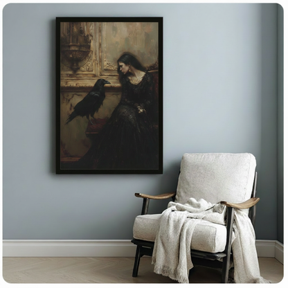 Gothic Woman Raven Dark Oil Painting Canvas Wall Art