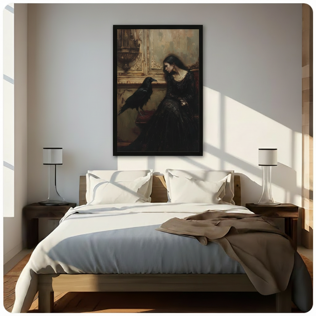 Gothic Woman Raven Dark Oil Painting Canvas Wall Art
