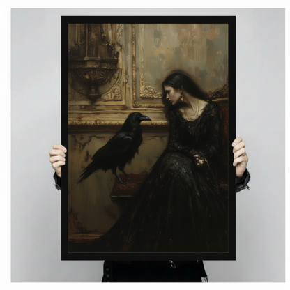 Gothic Woman Raven Dark Oil Painting Canvas Wall Art