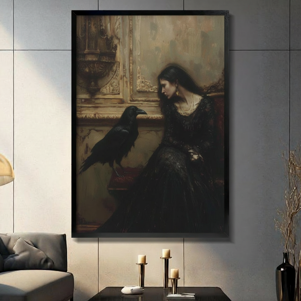 Gothic Woman Raven Dark Oil Painting Canvas Wall Art