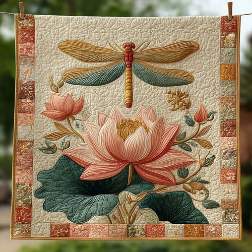 Graceful Lotus Dragonfly Quilt Blanket