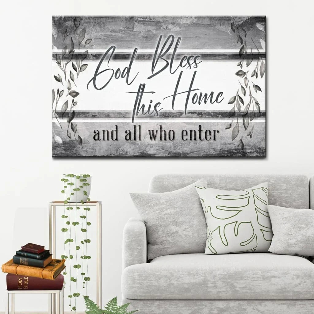 god bless this home and all who enter wall art canvas christian wall decor (Landscape) (view 4)