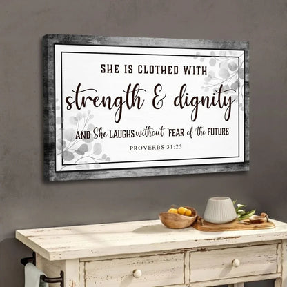 proverbs 31 25 wall art she is clothed with strength dignity wall art canvas (Landscape) (view 3)