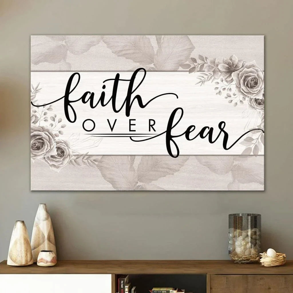 christian wall art faith over fear floral wall art canvas print (Landscape) (view 2)