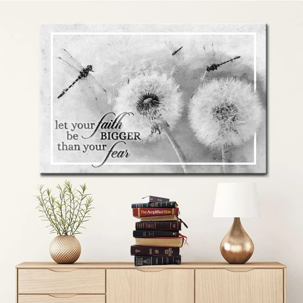let your faith be bigger than your fear dragonfly dandelion wall art canvas (Landscape) (view 3)