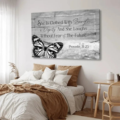 she is clothed with strength and dignity wall art canvas butterfly proverbs 31 25 bible verse art (Landscape) (view 3)