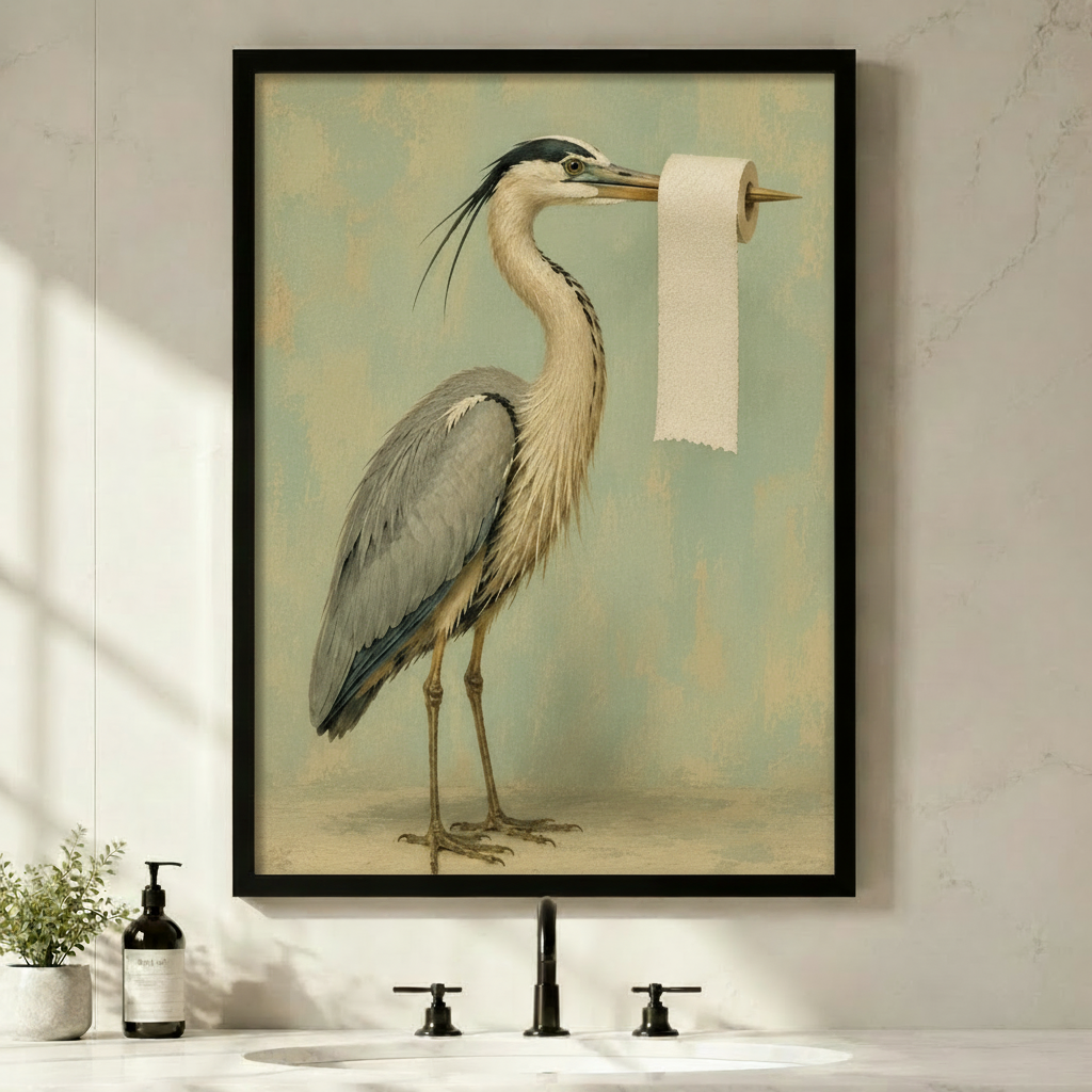 Vintage Heron Toilet Paper Bathroom Canvas Art