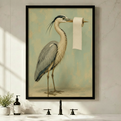 Vintage Heron Toilet Paper Bathroom Canvas Art