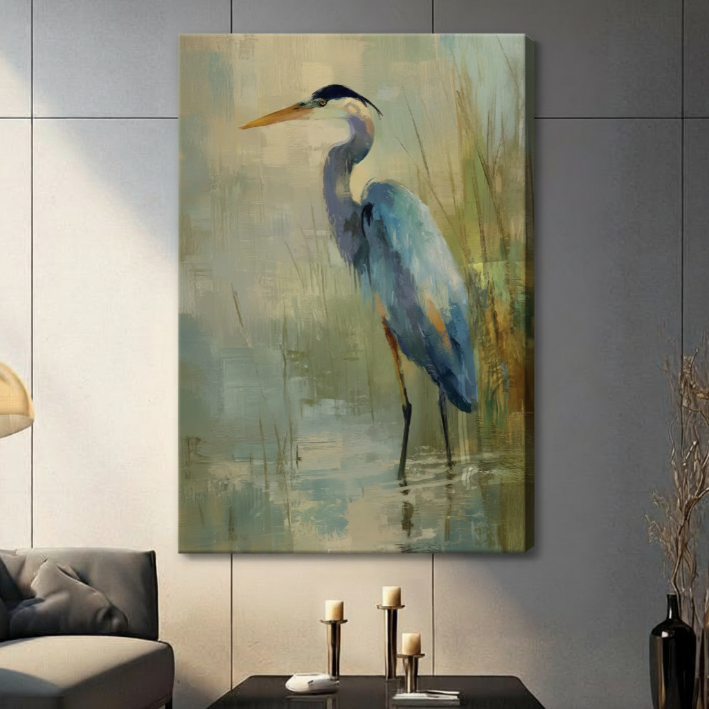 Blue Heron Impressionist Oil Painting Canvas Wall Art