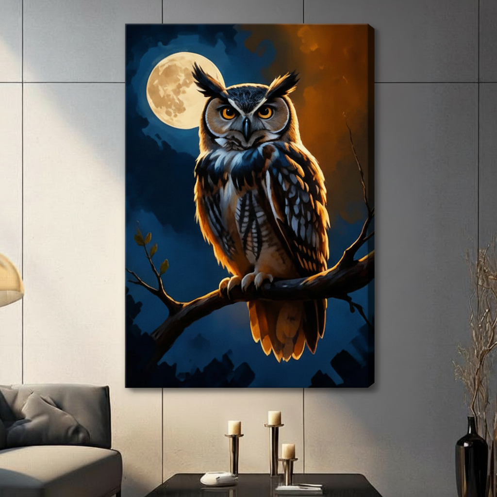 Great Horned Owl Full Moon Night Oil Painting Canvas Art