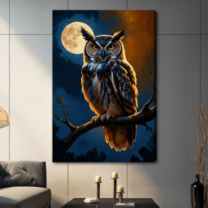 Great Horned Owl Full Moon Night Oil Painting Canvas Art